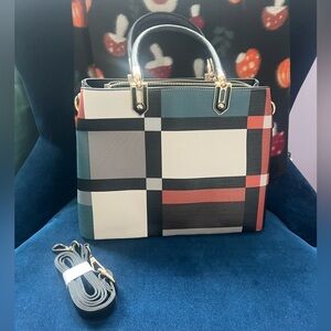 Plaid Pattern Structured Tote Bag in Cream, Black and Orange